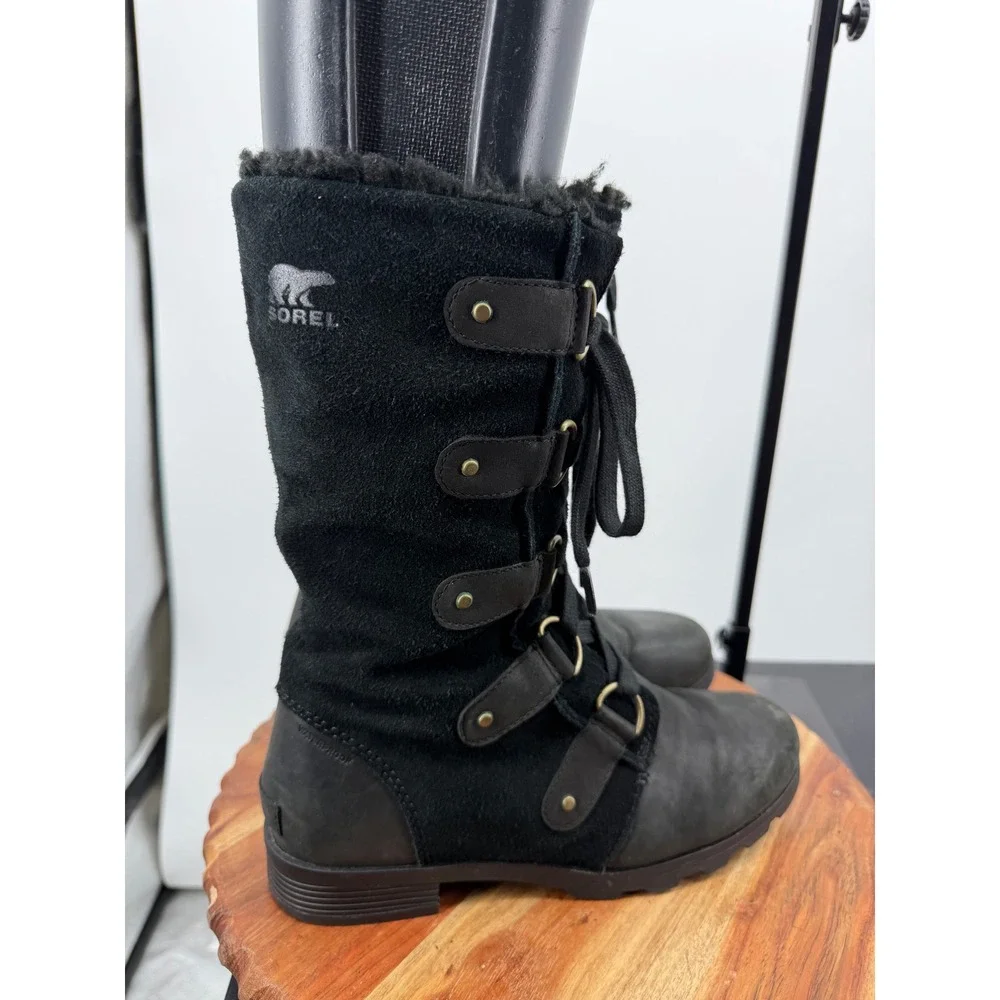 Sorel Emelie Boots Lace Up Winter Boots sz 8.5 Black Waterproof Leather NL2680